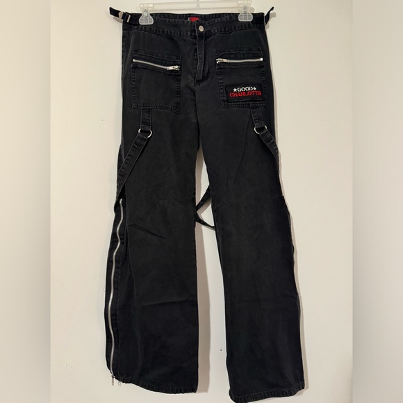 Tripp nyc Pants - Vtg Tripp NYC Black Wide Leg Bondage Pants, DIY Vtg Band Patch "Good Charlotte"